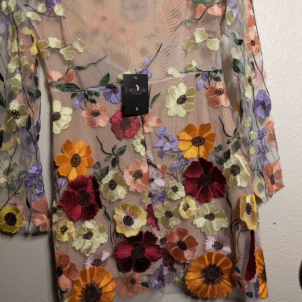 Lena Vie Boutique Floral Embroidered Sheer Dress Size Small - Picture 8 of 12